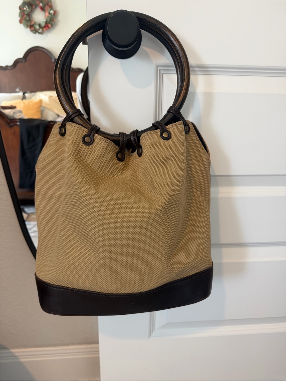 Vintage Gucci Tan Canvas Bucket Bag with Dark Brown Leather Trim & Wooden Handle